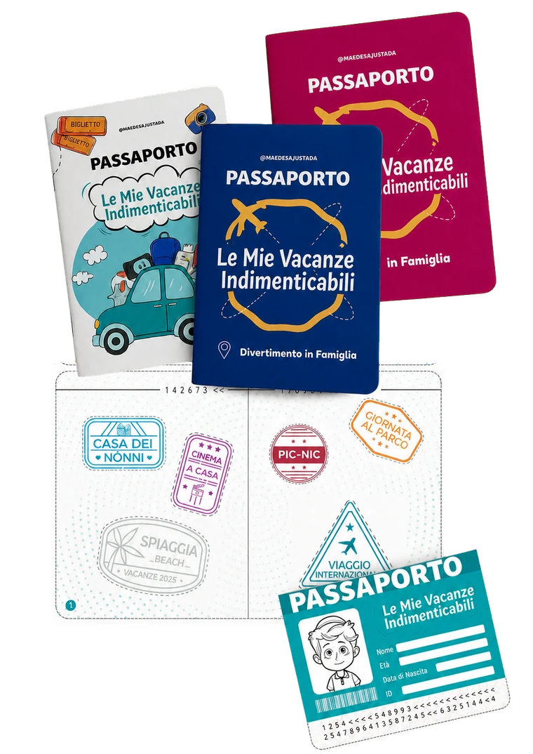 Passaporto delle Vacanze nelle versioni bambino e bambina, con timbri e carta d'identità